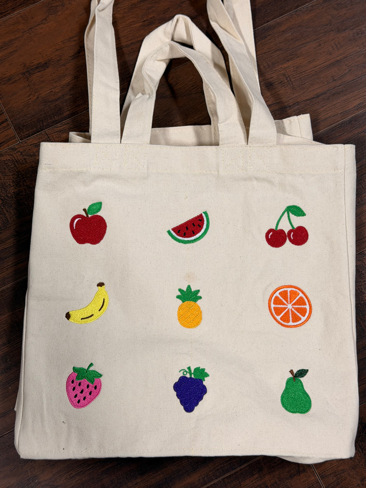 Embroidered Fruit & Veggie Canvas Tote Bag, Farmers Market Grocery Bag