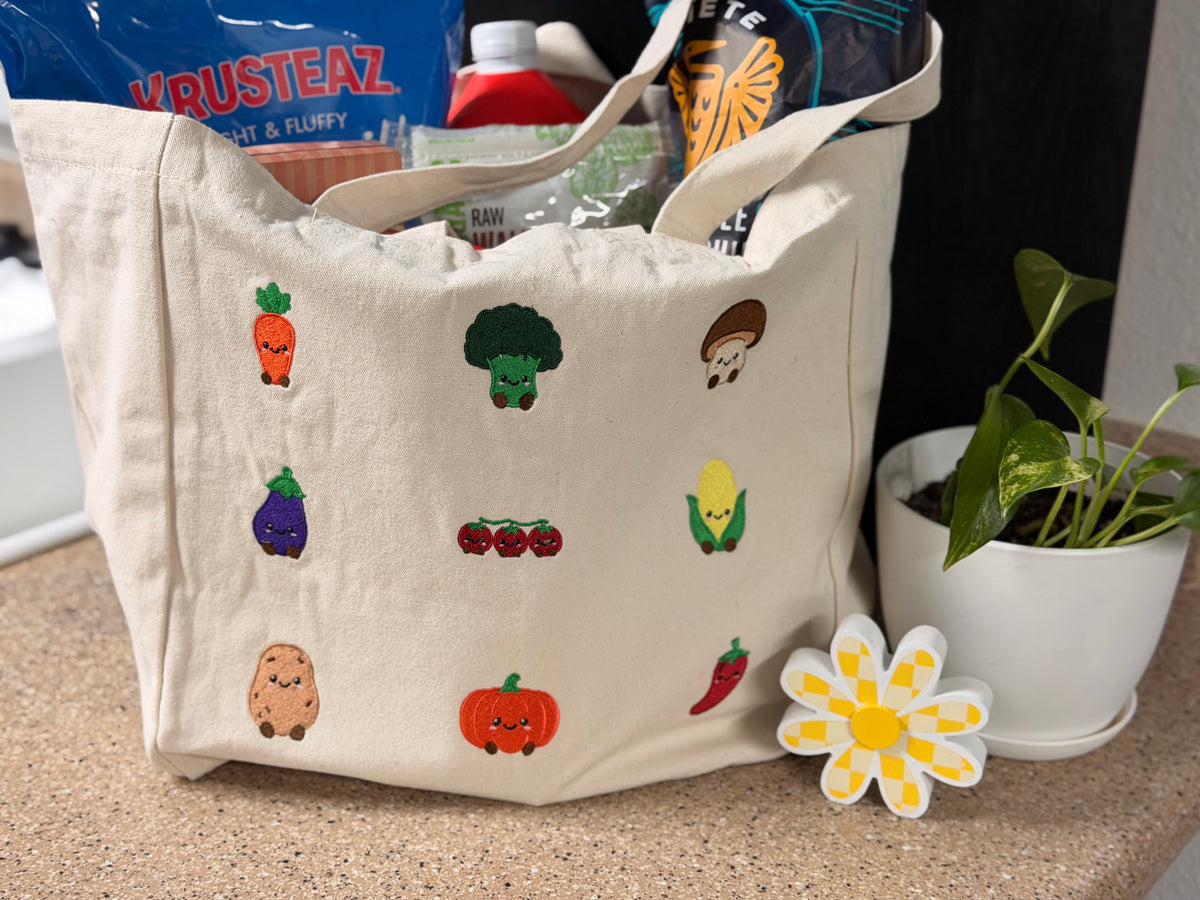Embroidered Fruit & Veggie Canvas Tote Bag, Farmers Market Grocery Bag