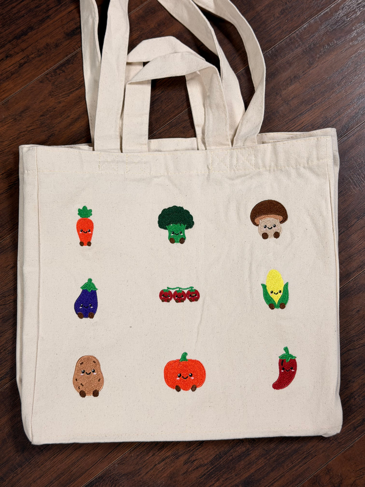 Embroidered Fruit & Veggie Canvas Tote Bag, Farmers Market Grocery Bag