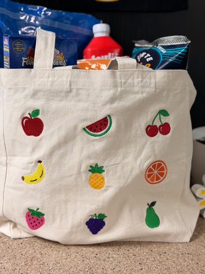 Embroidered Fruit & Veggie Canvas Tote Bag, Farmers Market Grocery Bag