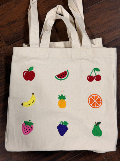 Embroidered Fruit & Veggie Canvas Tote Bag, Farmers Market Grocery Bag